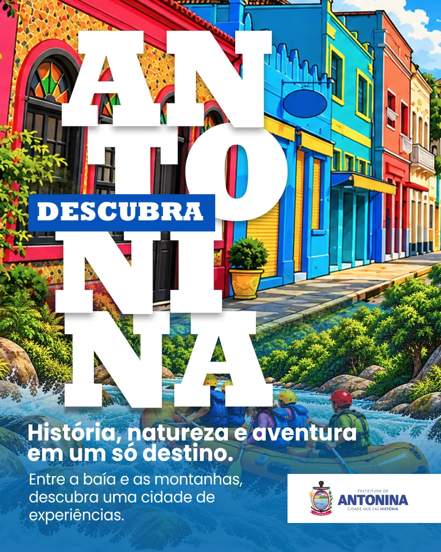 Arte "Descubra Antonina" com casarões coloridos do centro histórico