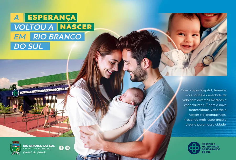 Peça com família e recém-nascido anunciando a nova maternidade de Rio Branco do Sul