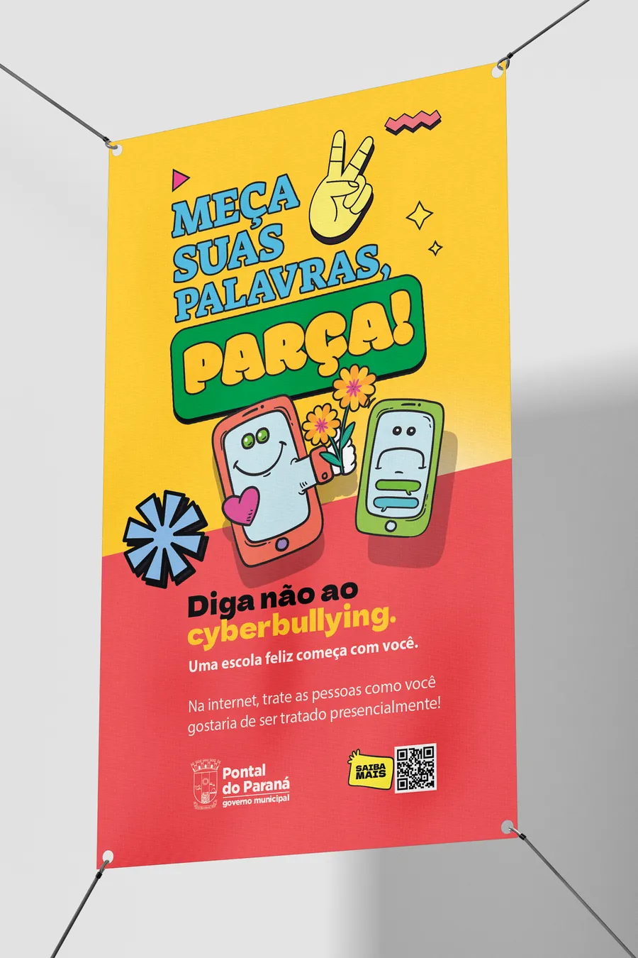 Cartaz amarelo "Meça suas palavras, parça!" com dois celulares sorrindo